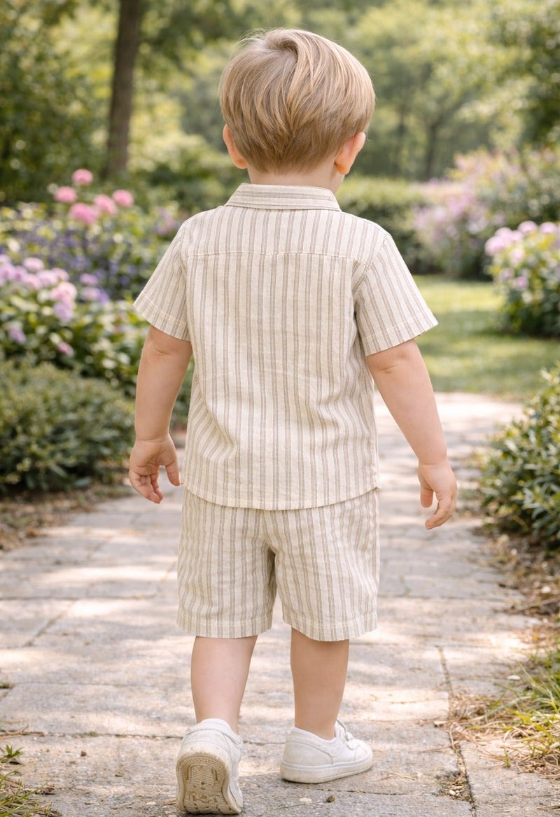 Dirkje Boys 2 Pc Set “Coastal Stripe” Collared Button-Front Shirt & Draw-Waist Shorts Set - Image 4